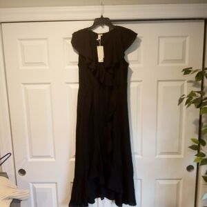 NWT KorMei Black Ruffle Long Wrap Maxi Dress Fairy Grunge Whimsygoth sz Large